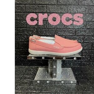 🔥Crocs Beach Line🩷🦋🩷 Boat Shoes Pink Canvas Slip On Loafers Womens 6